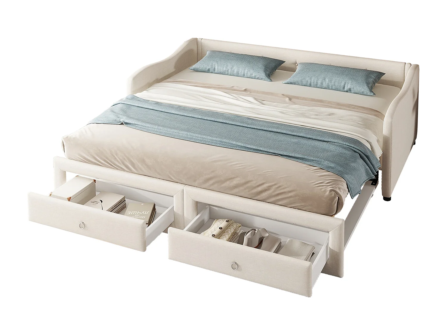 Ausziehbett 90/180x200cm mit 2 Schubladen – Leinenstoff – Beige (Matratze nicht im Lieferumfang enthalten)