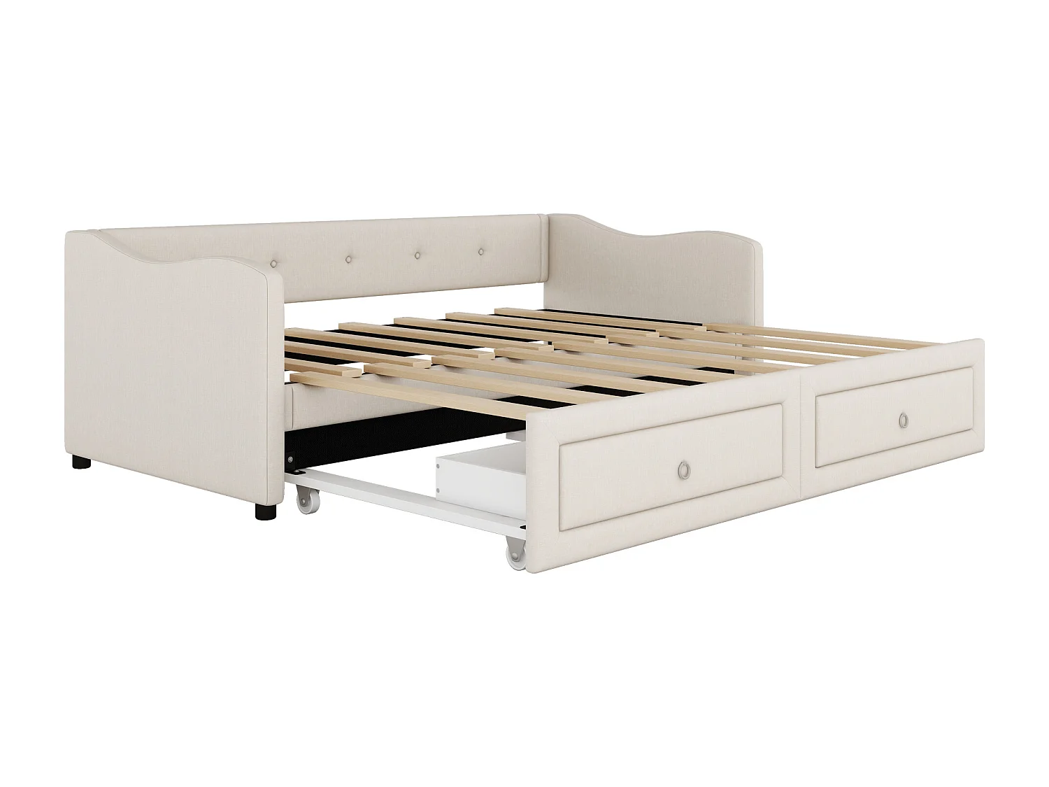 Ausziehbett 90/180x200cm mit 2 Schubladen – Leinenstoff – Beige (Matratze nicht im Lieferumfang enthalten)