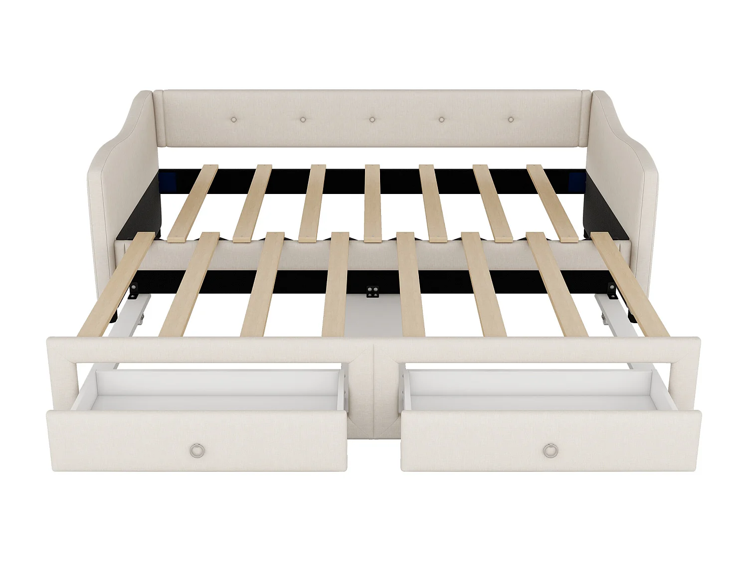 Ausziehbett 90/180x200cm mit 2 Schubladen – Leinenstoff – Beige (Matratze nicht im Lieferumfang enthalten)