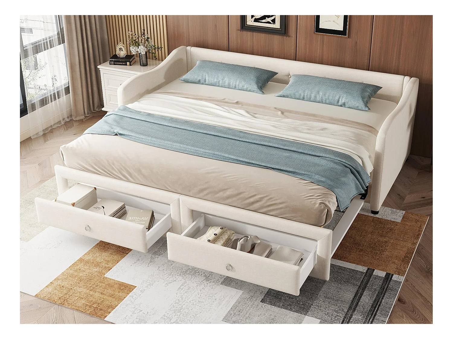 Onderschuifbed 90/180x200cm met 2 lades - linnen stof - Beige (matras niet inbegrepen)