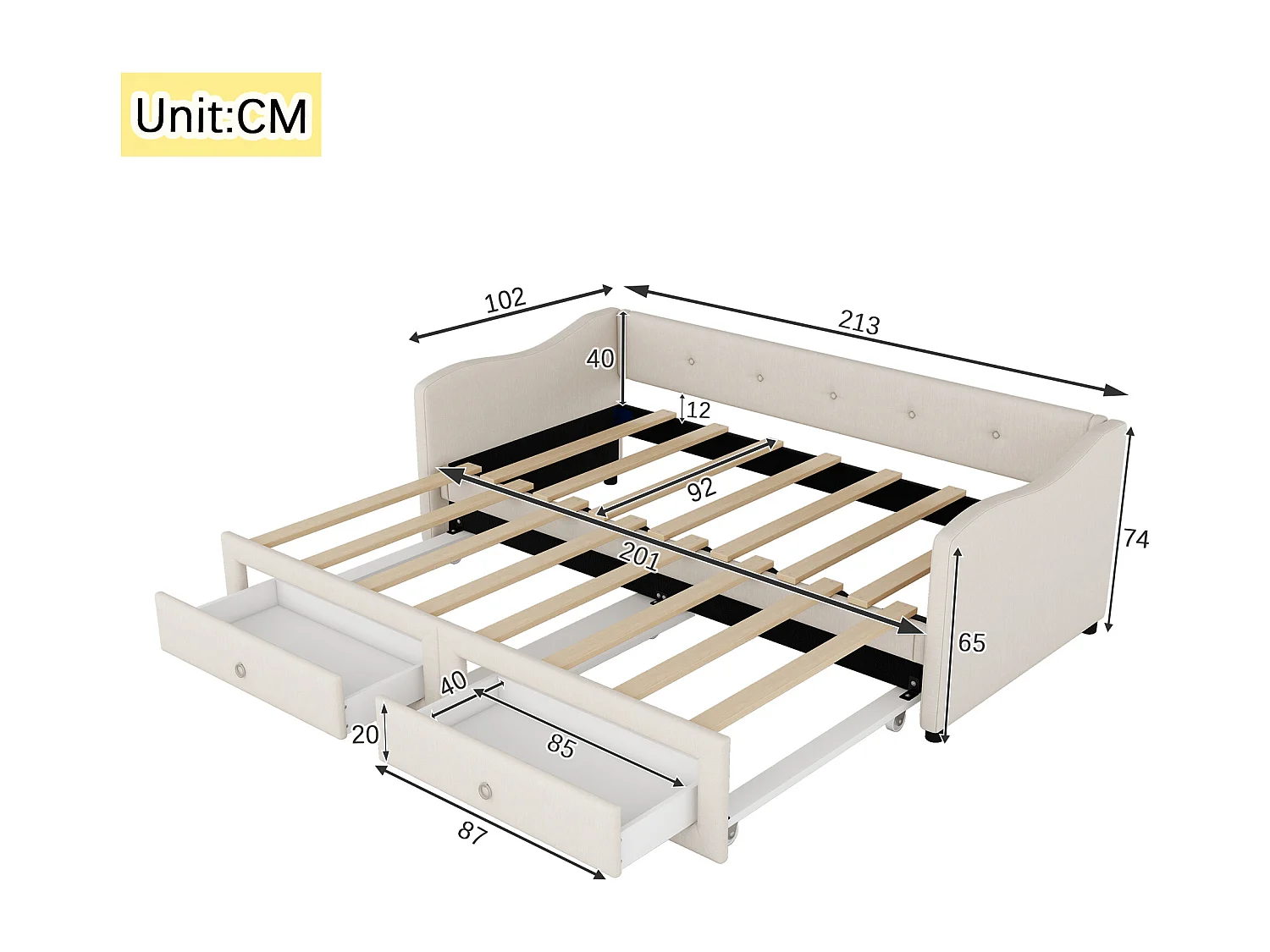 Lit gigogne 90/180x200cm avec 2 tiroirs - tissu en lin - Beige (matelas non inclus)