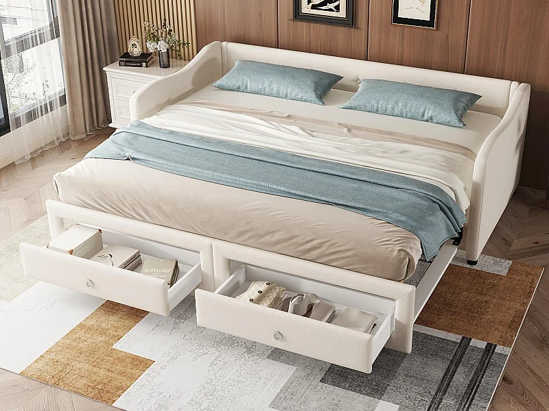 Lit gigogne 90/180x200cm avec 2 tiroirs - tissu en lin - Beige (matelas non inclus)