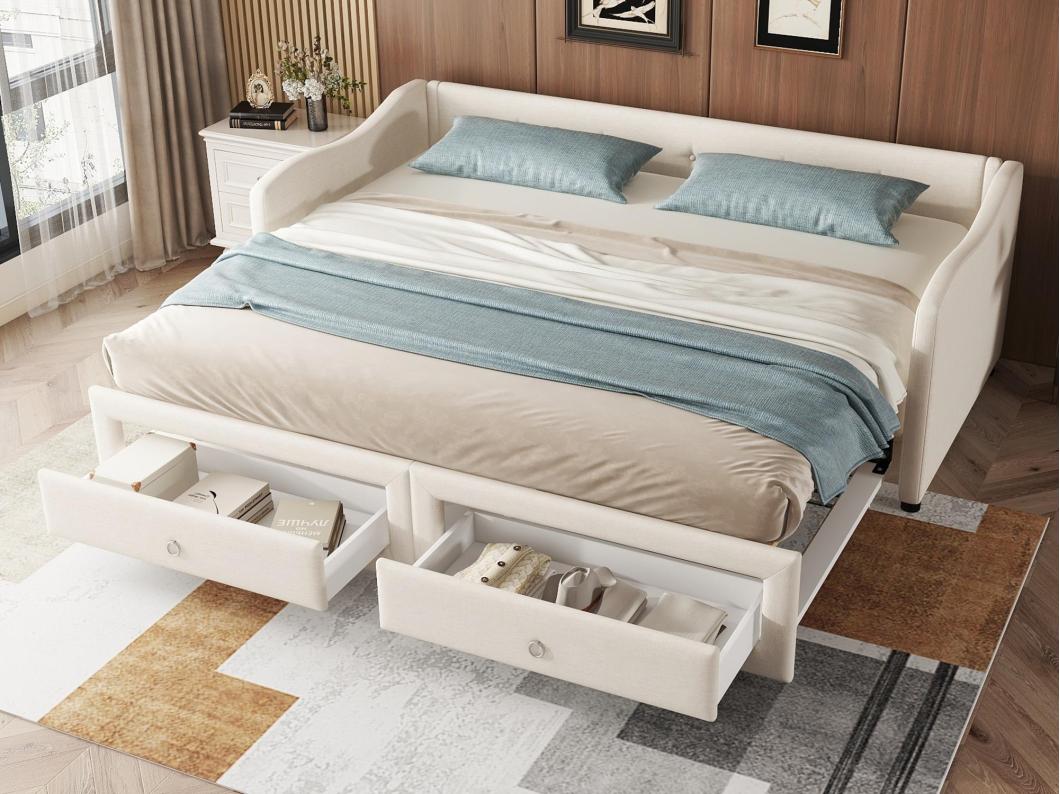 Cama nido 90/180x200cm con 2 cajones - tejido lino - Beige (colchón no incluido)
