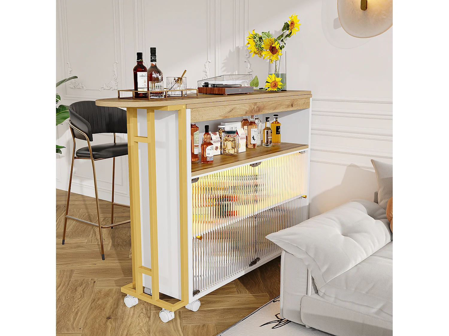 Buffet、Meuble de bar pivotant et escamotable avec LED - compartiments de rangemnt - Blanc