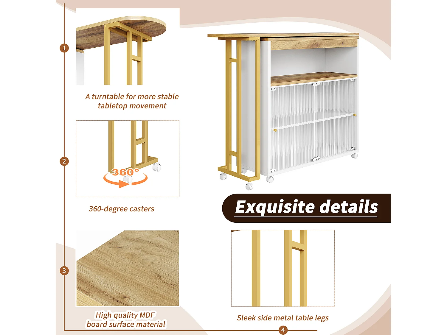 Buffet、Meuble de bar pivotant et escamotable avec LED - compartiments de rangemnt - Blanc