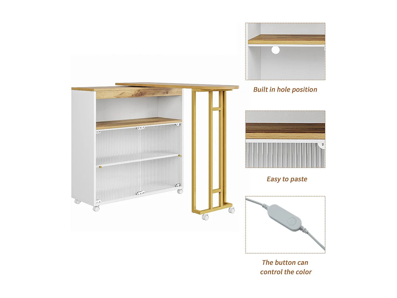 Buffet、Meuble de bar pivotant et escamotable avec LED - compartiments de rangemnt - Blanc