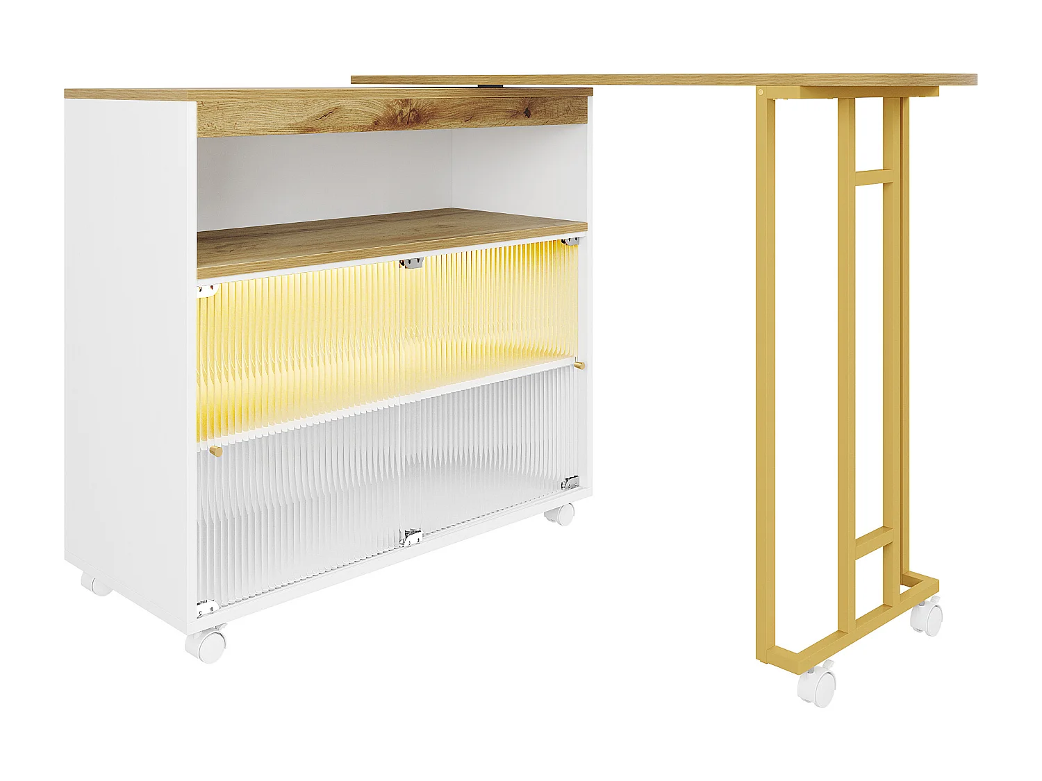 Buffet、Meuble de bar pivotant et escamotable avec LED - compartiments de rangemnt - Blanc