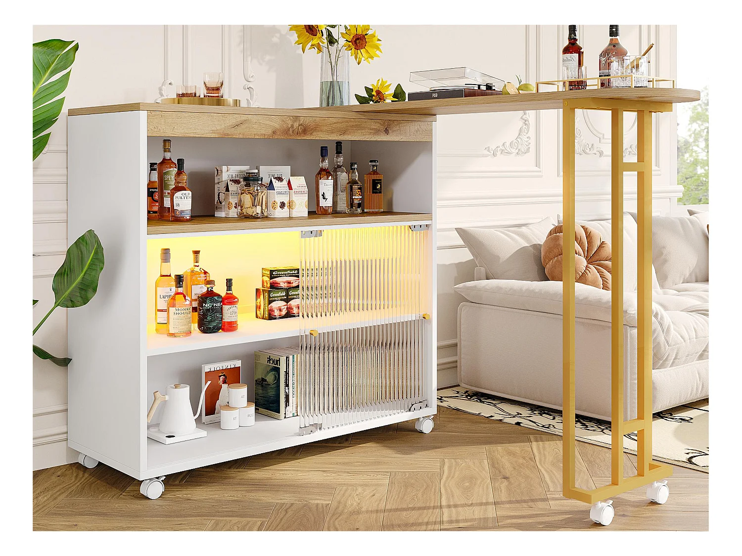 Dressoir、Draaibare en uitschuifbare barkast met LED - opbergvakken - Wit