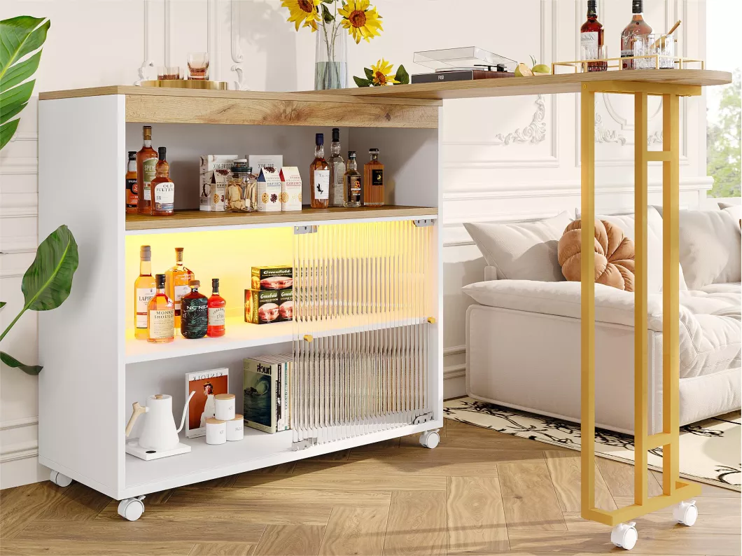 Kauf Unique Sideboard、Drehbarer und ausziehbarer Barschrank mit LED – Ablagefächer – Weiß