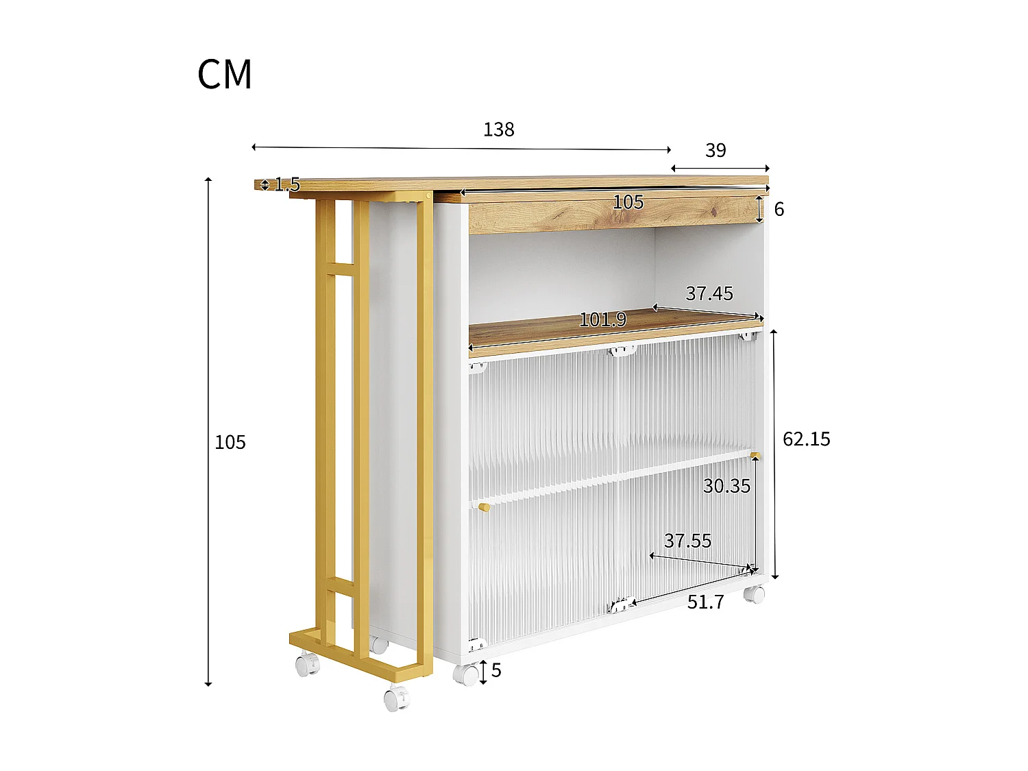 Dressoir、Draaibare en uitschuifbare barkast met LED - opbergvakken - Wit