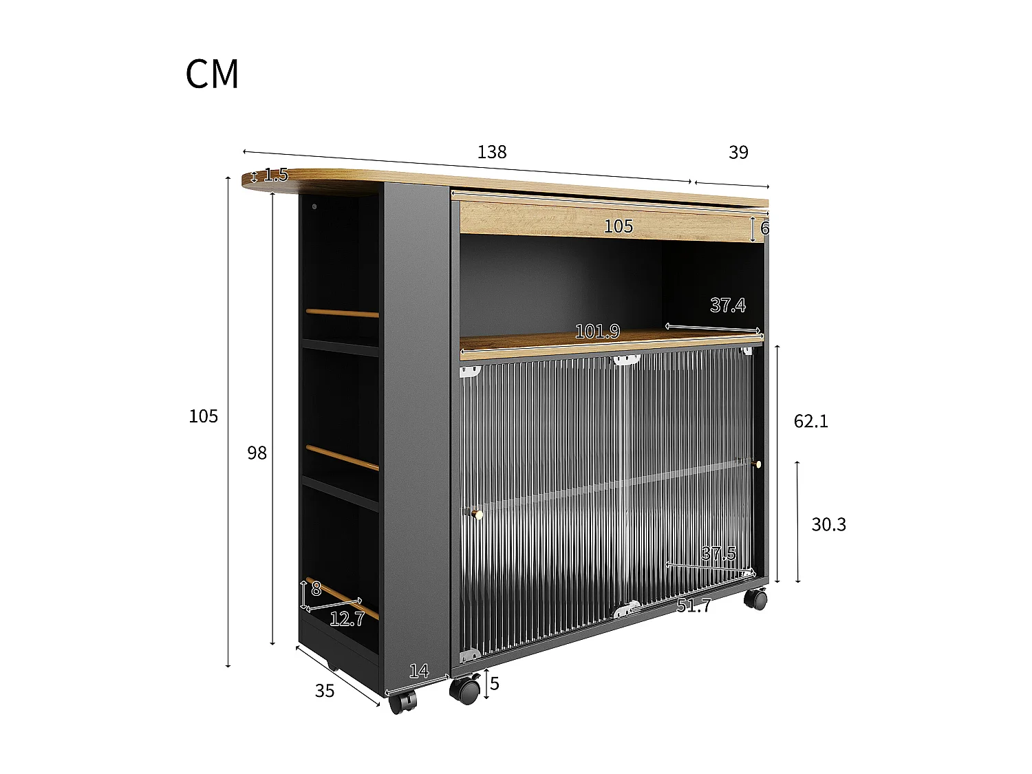 Sideboard、Drehbarer und ausziehbarer Barschrank mit LED-Fächern und Gewürzregal – Schwarz