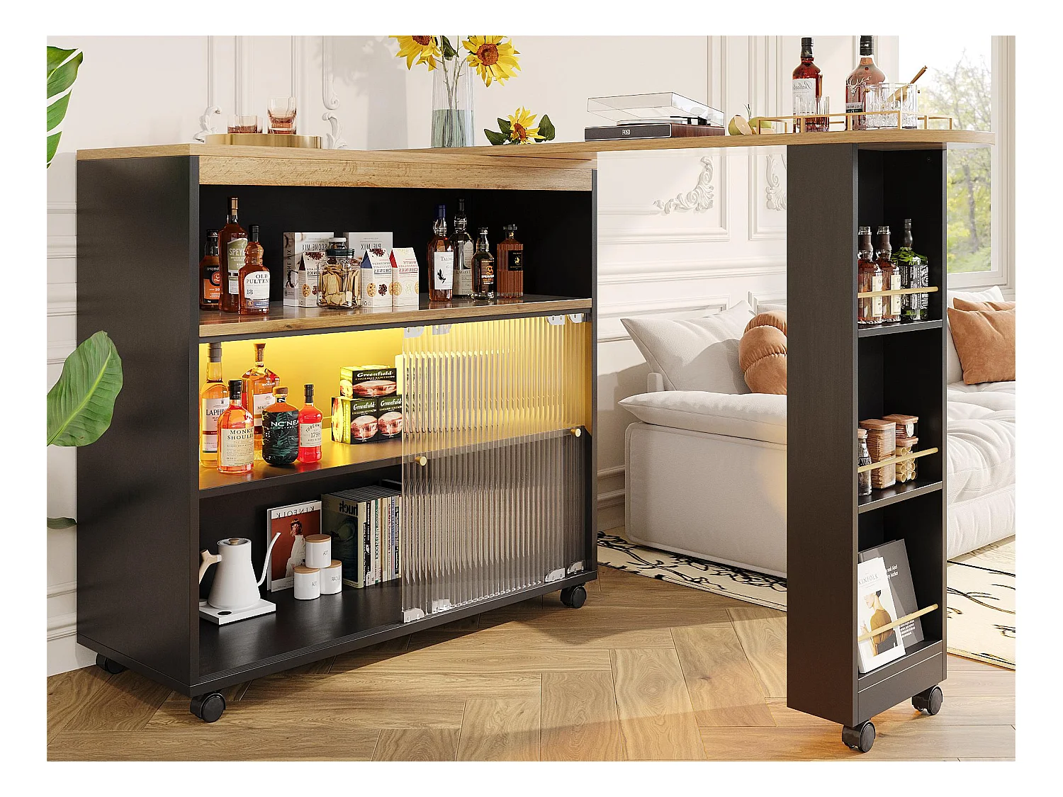 Buffet、Meuble de bar pivotant et escamotable avec LED - compartiments et étagère à épices - Noir