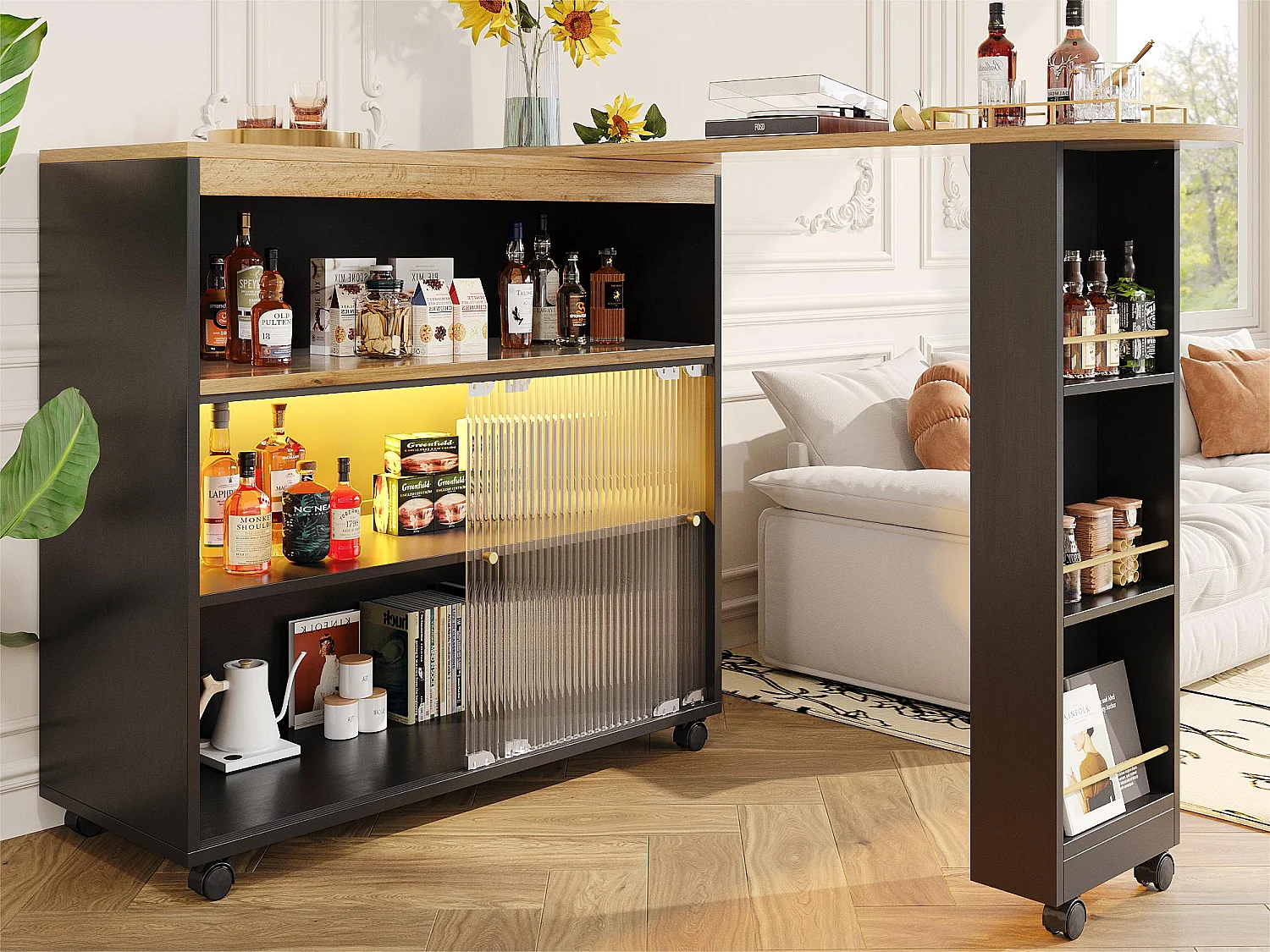Credenza, mobile bar girevole e retrattile con LED - scomparti e portaspezie - Nero