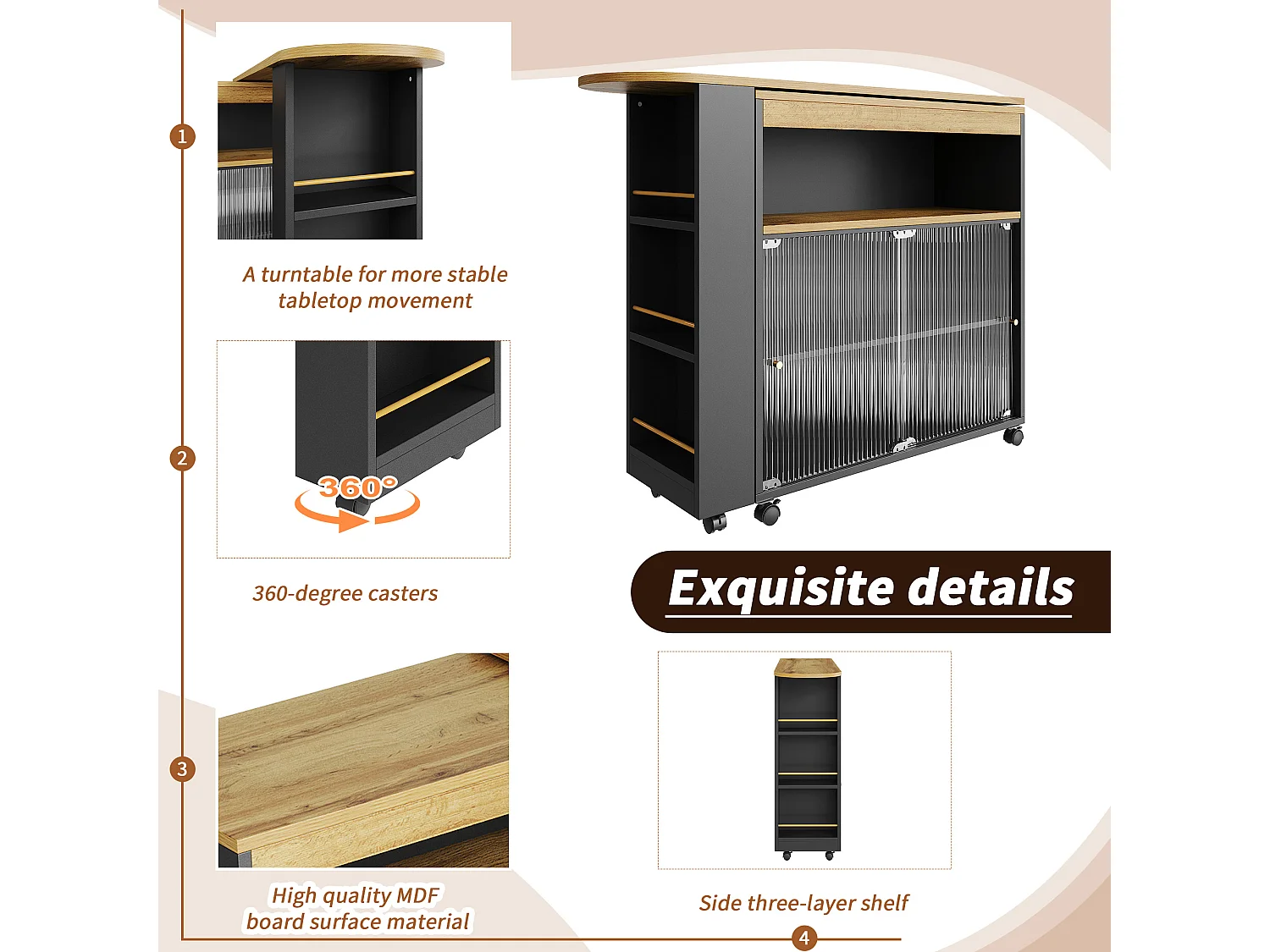 Credenza, mobile bar girevole e retrattile con LED - scomparti e portaspezie - Nero