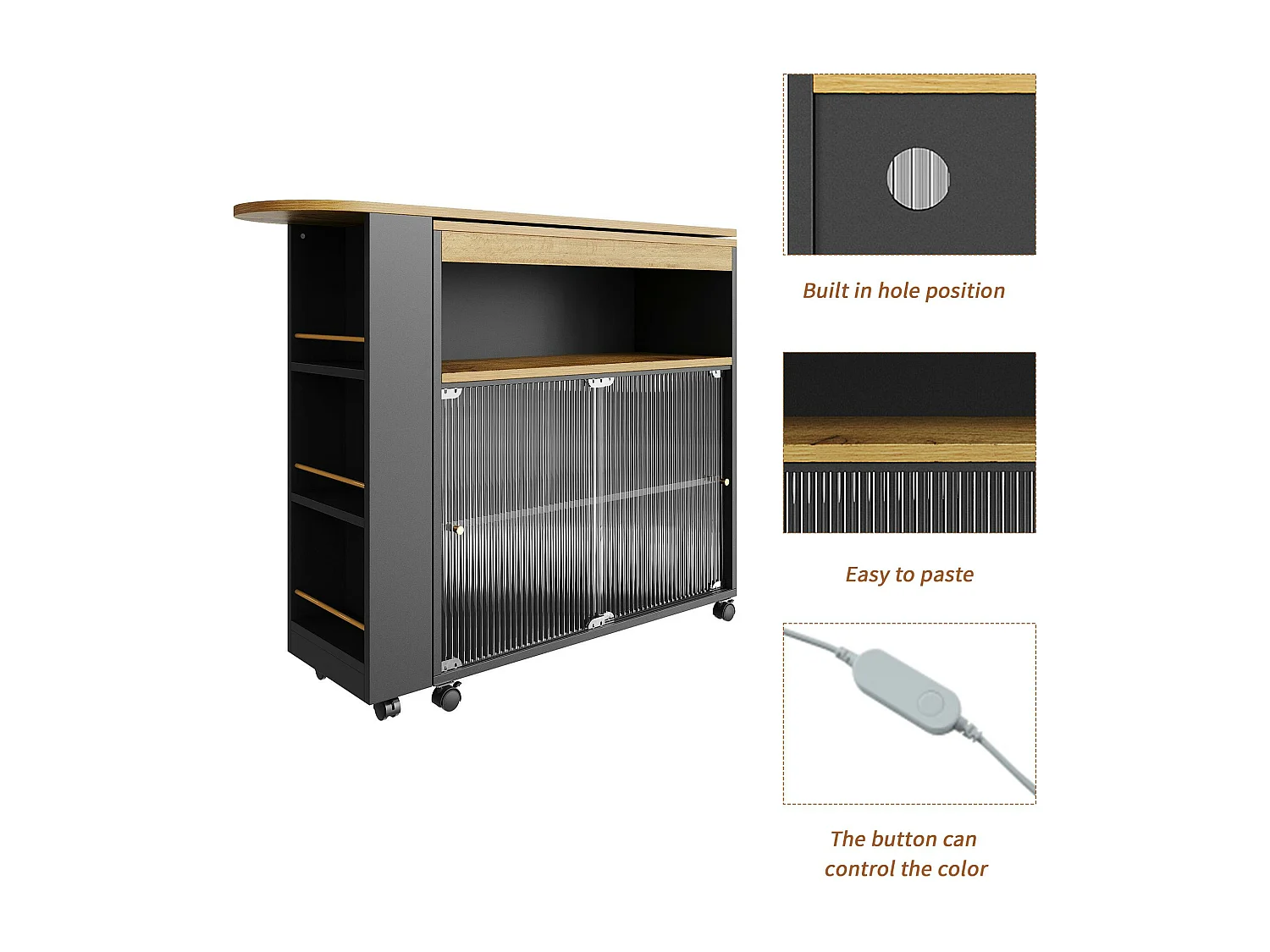 Credenza, mobile bar girevole e retrattile con LED - scomparti e portaspezie - Nero