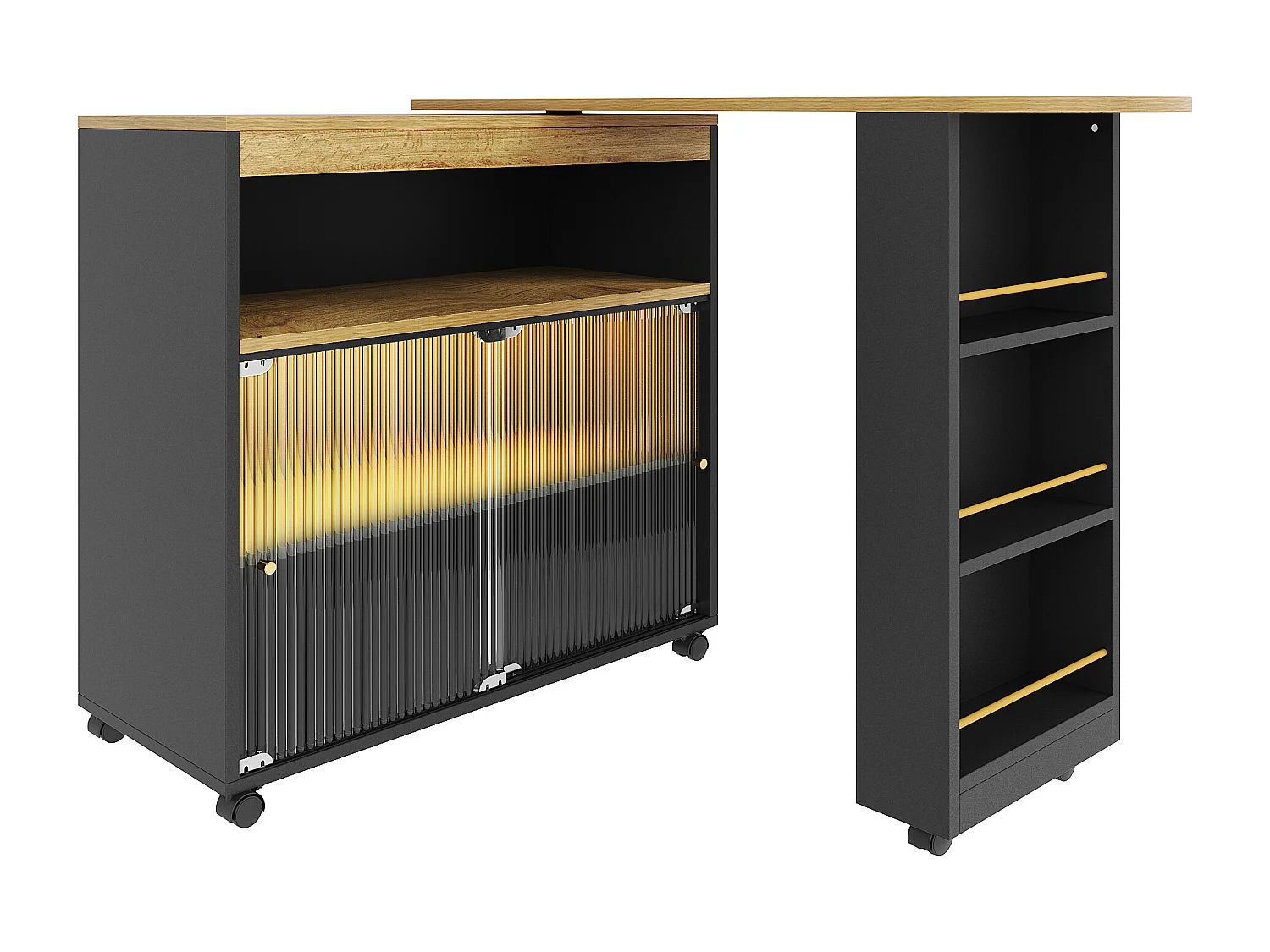 Credenza, mobile bar girevole e retrattile con LED - scomparti e portaspezie - Nero