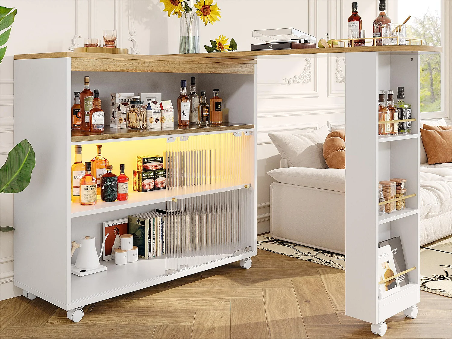 Aparador、Mueble bar giratorio y retráctil con LED - compartimentos y especiero - Blanco