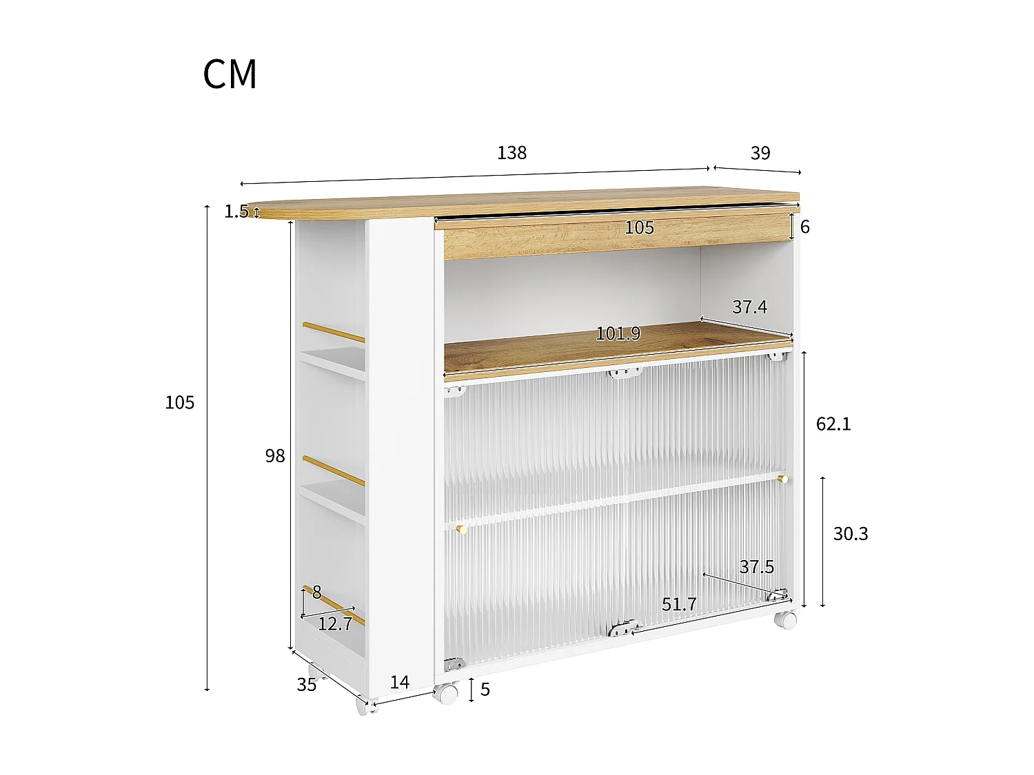 Aparador、Mueble bar giratorio y retráctil con LED - compartimentos y especiero - Blanco