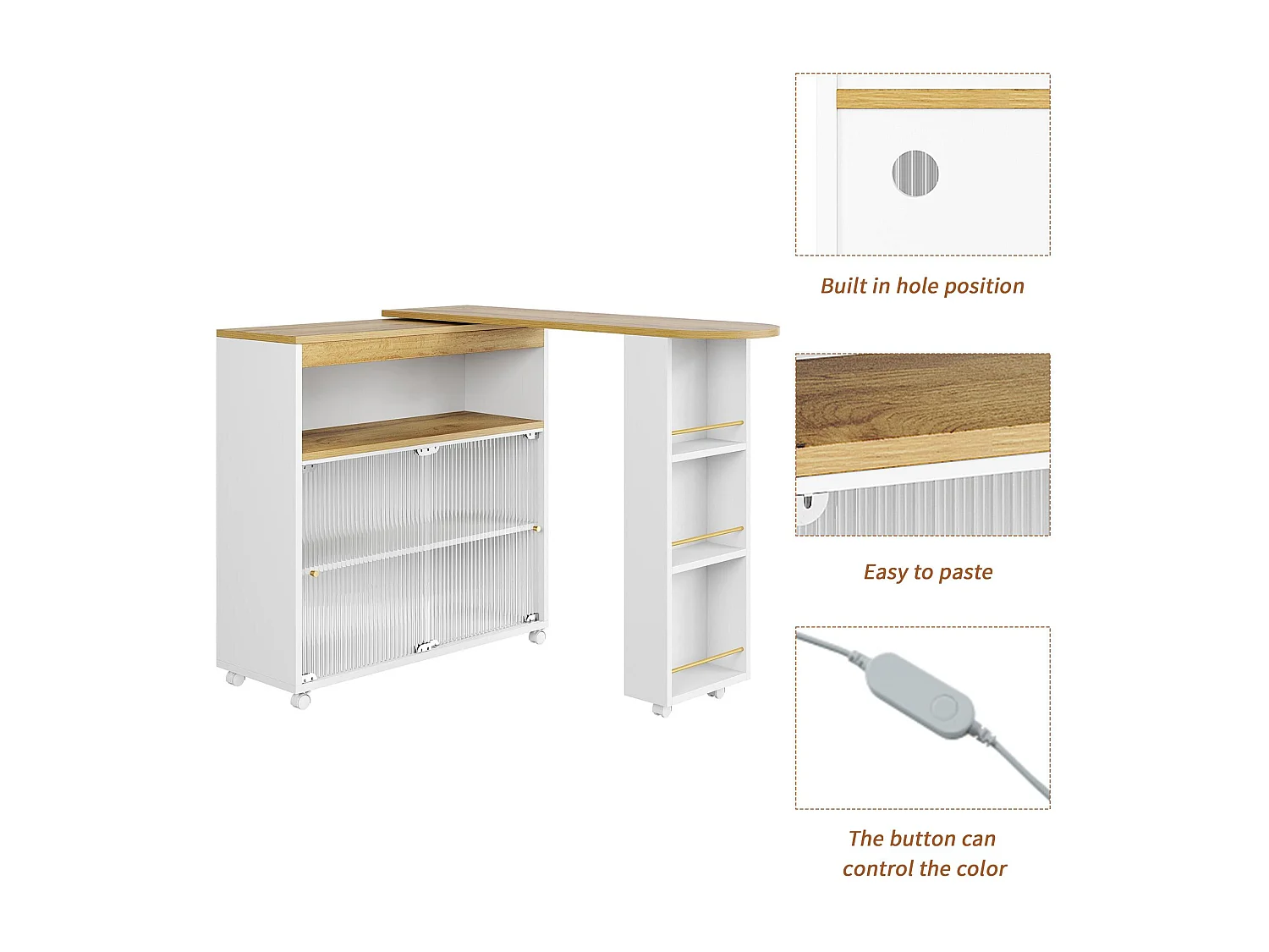 Aparador、Mueble bar giratorio y retráctil con LED - compartimentos y especiero - Blanco