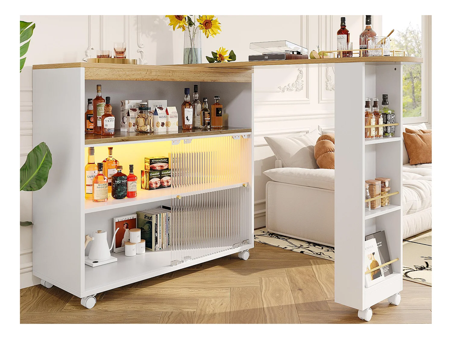 Buffet、Meuble de bar pivotant et escamotable avec LED - compartiments et étagère à épices - Blanc