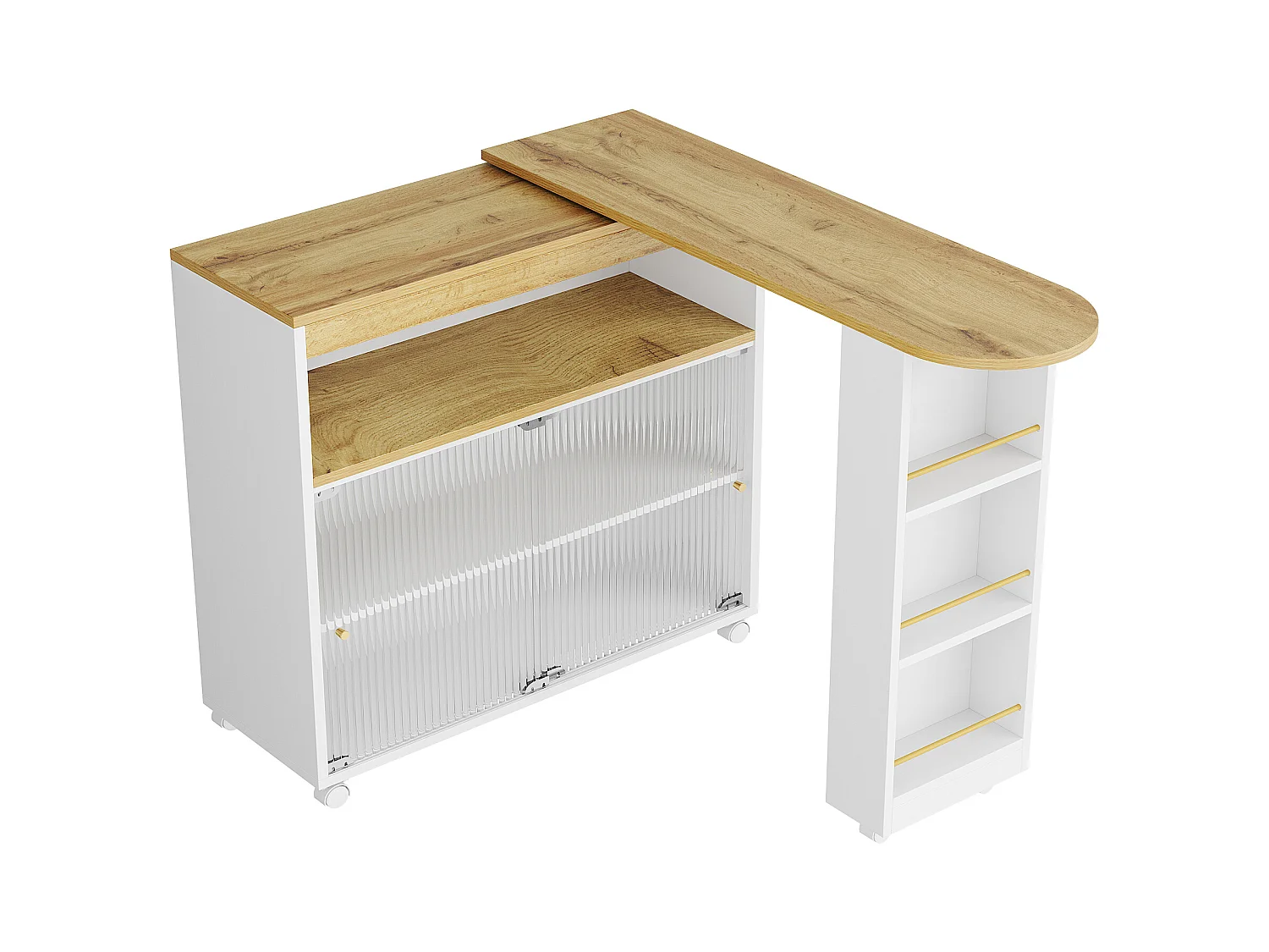 Buffet、Meuble de bar pivotant et escamotable avec LED - compartiments et étagère à épices - Blanc