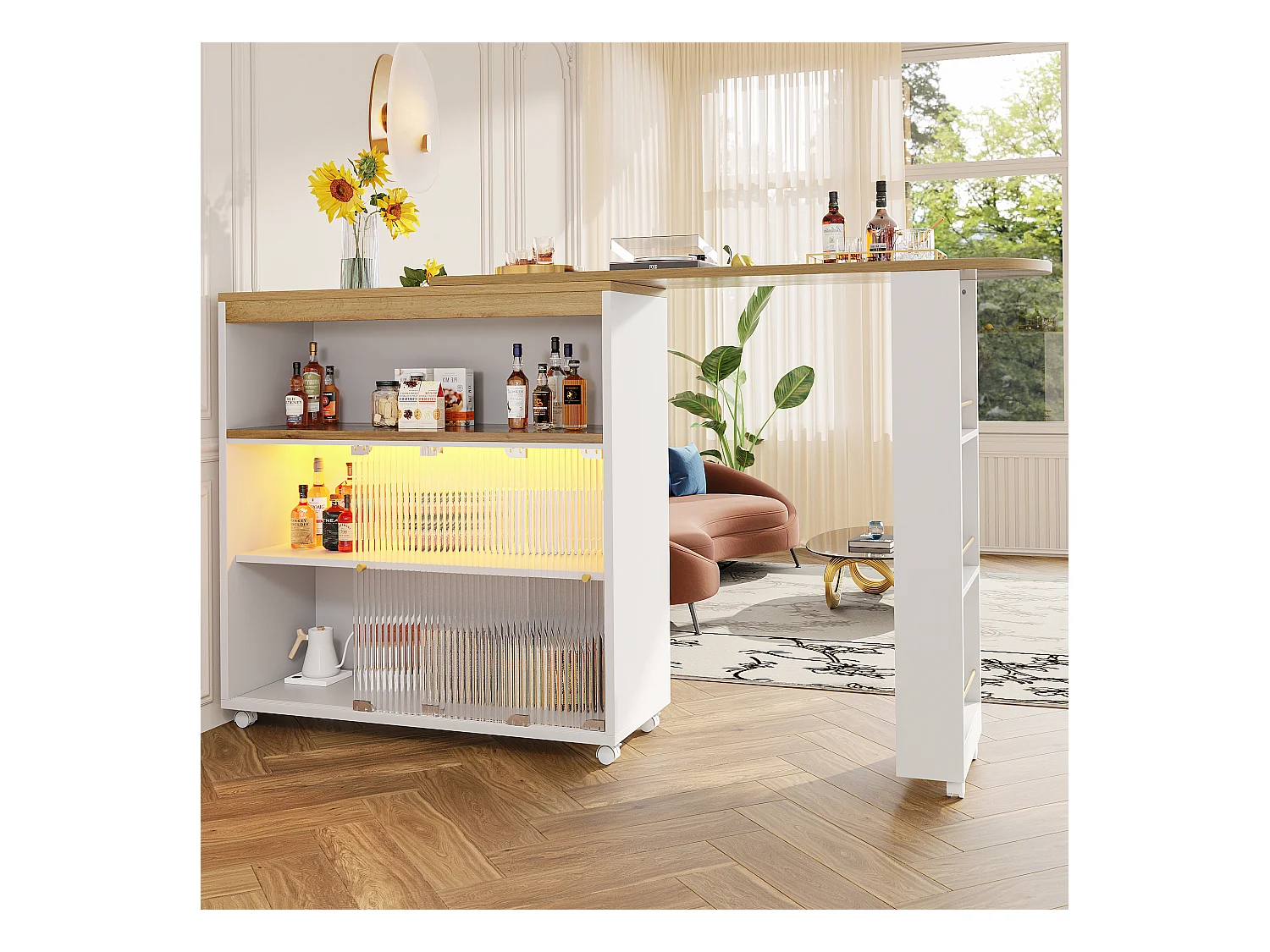 Buffet、Meuble de bar pivotant et escamotable avec LED - compartiments et étagère à épices - Blanc