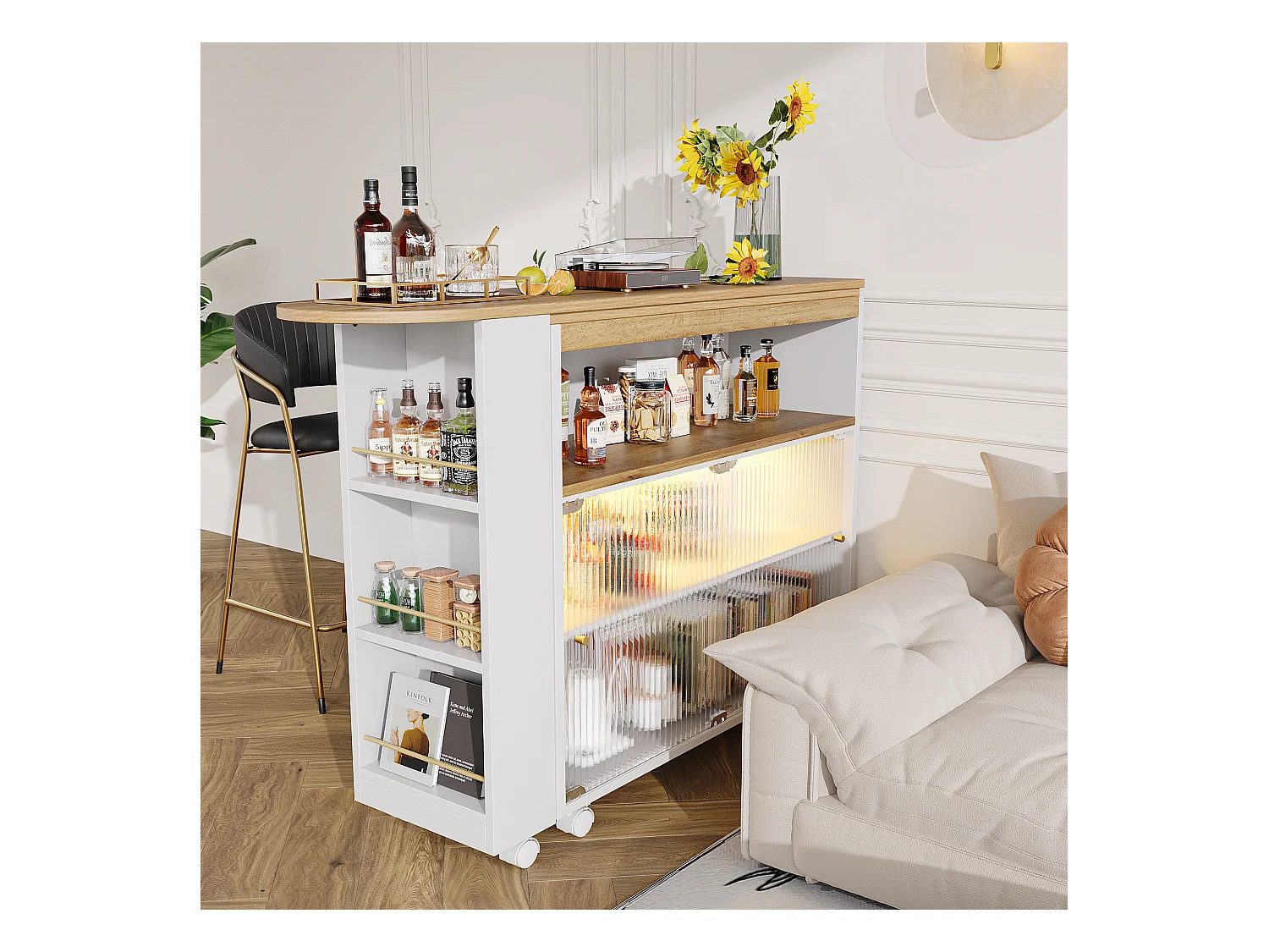 Buffet、Meuble de bar pivotant et escamotable avec LED - compartiments et étagère à épices - Blanc