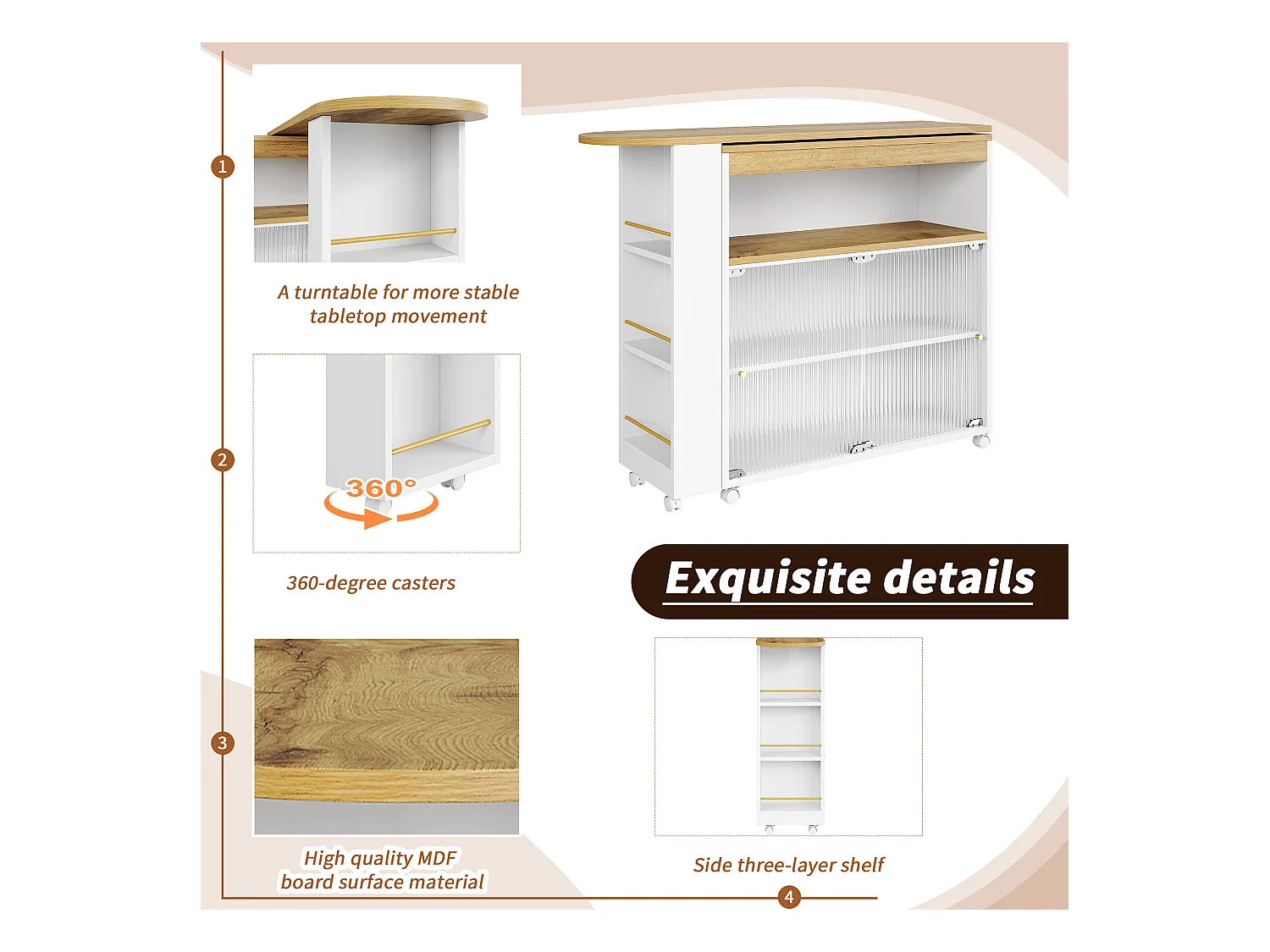 Buffet、Meuble de bar pivotant et escamotable avec LED - compartiments et étagère à épices - Blanc