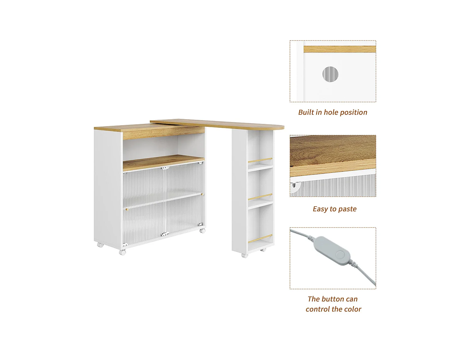 Buffet、Meuble de bar pivotant et escamotable avec LED - compartiments et étagère à épices - Blanc