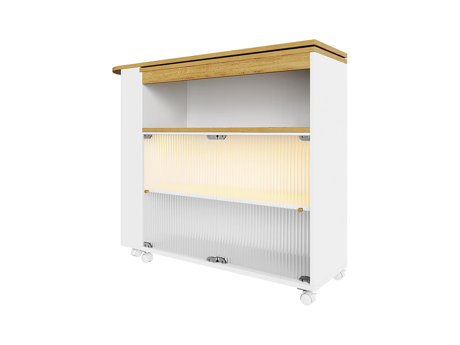 Buffet、Meuble de bar pivotant et escamotable avec LED - compartiments et étagère à épices - Blanc