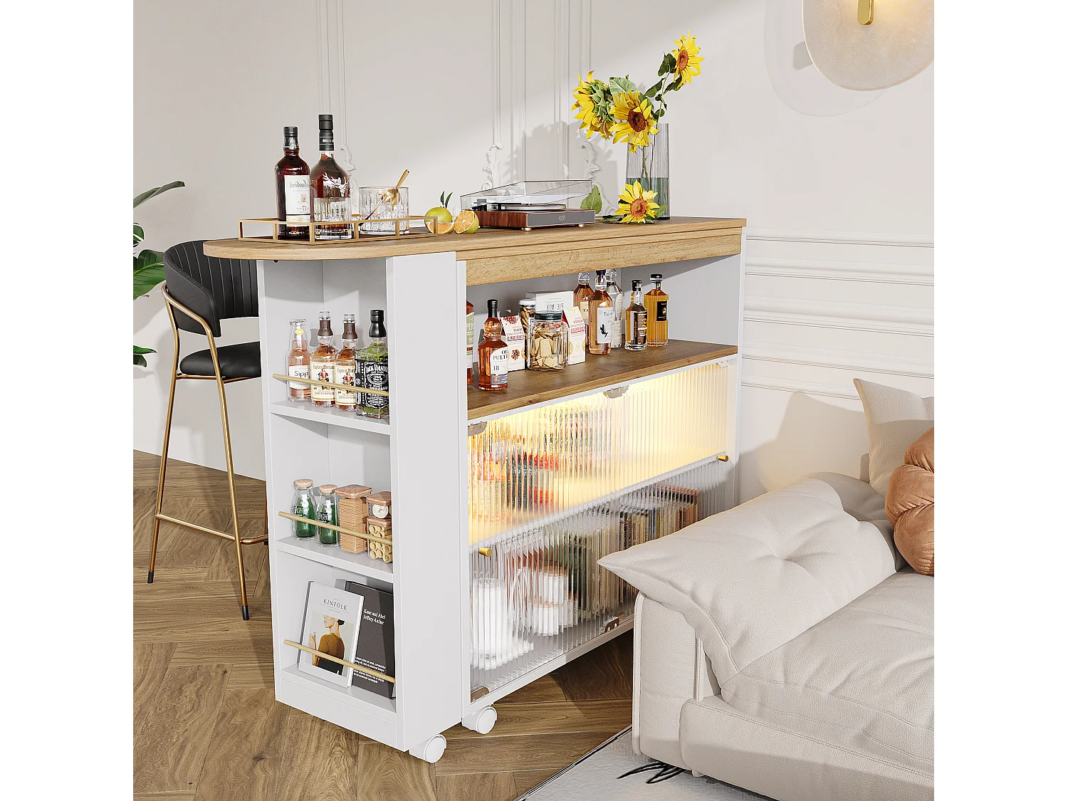 Sideboard、Drehbarer und ausziehbarer Barschrank mit LED-Fächern und Gewürzregal – Weiß