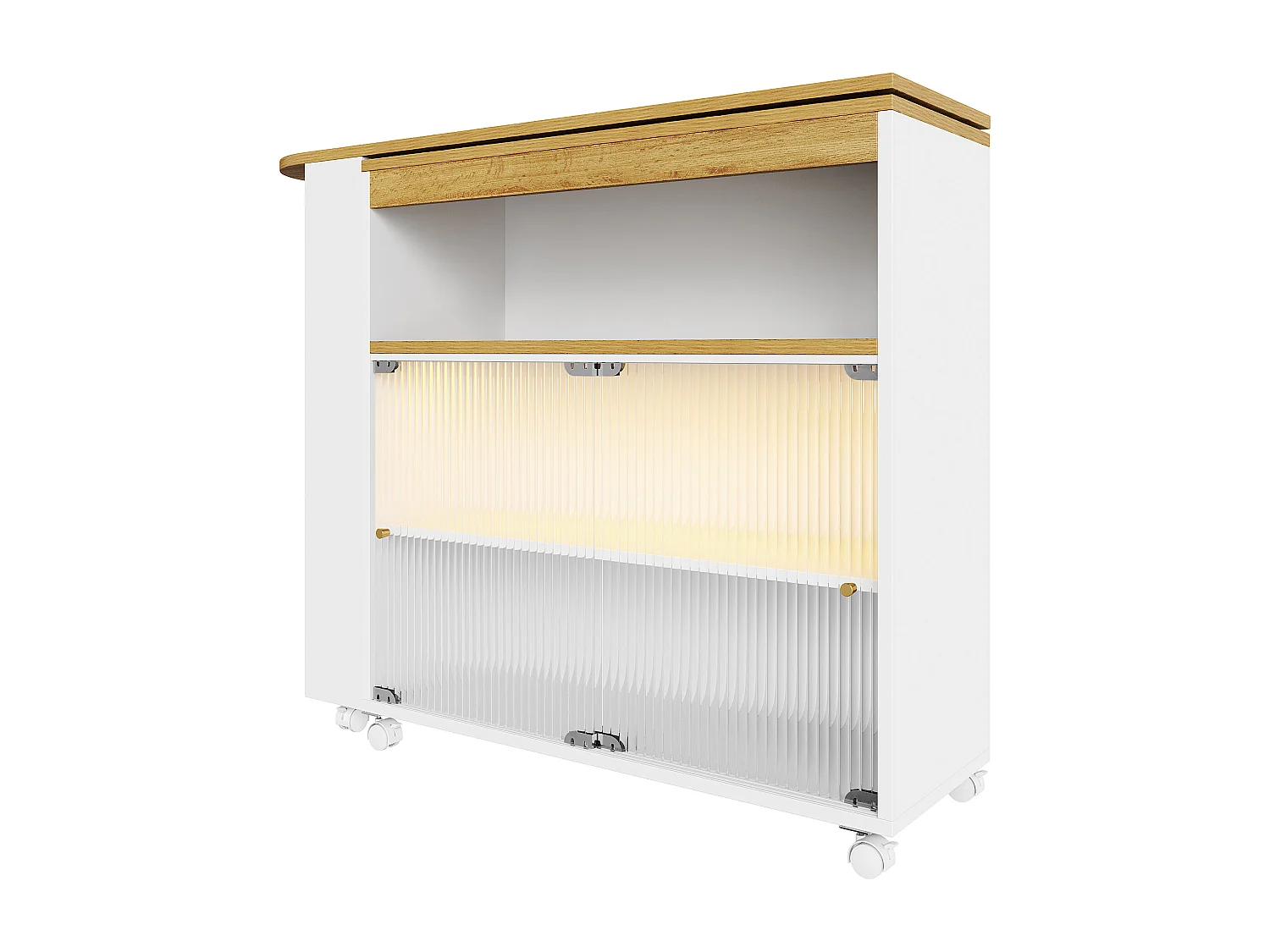 Sideboard、Drehbarer und ausziehbarer Barschrank mit LED-Fächern und Gewürzregal – Weiß