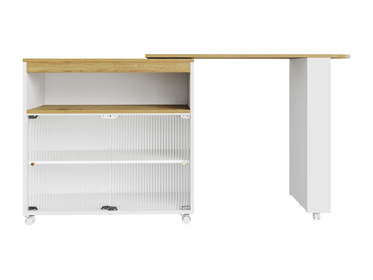 Sideboard、Drehbarer und ausziehbarer Barschrank mit LED-Fächern und Gewürzregal – Weiß