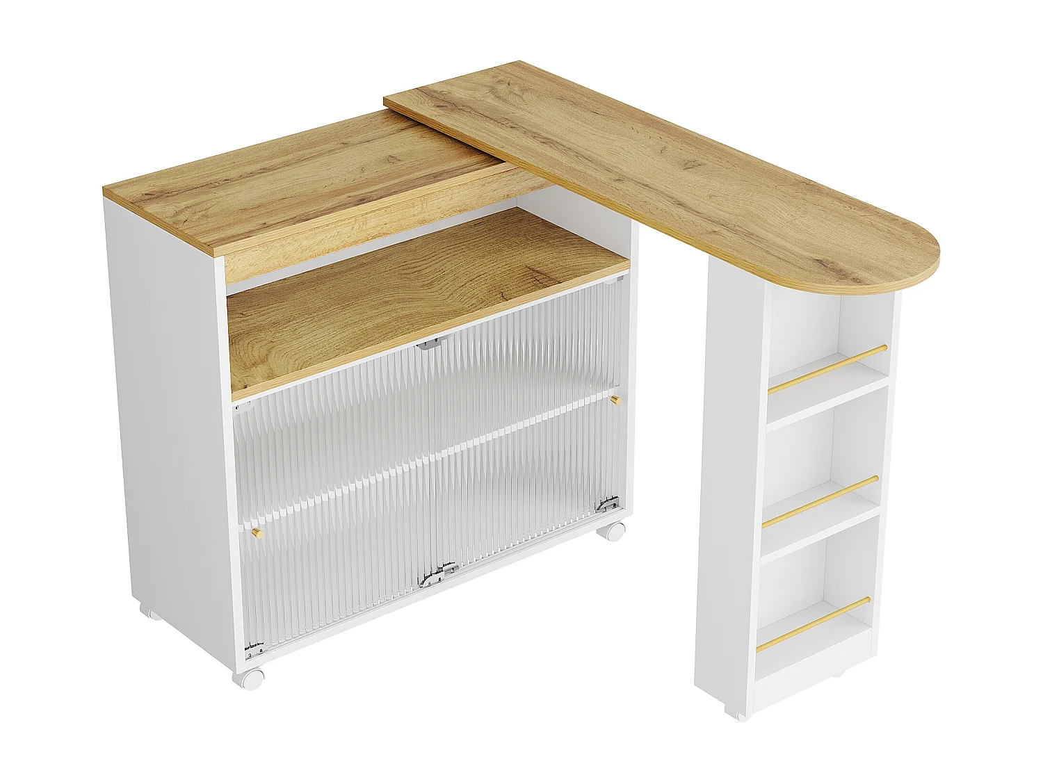 Sideboard、Drehbarer und ausziehbarer Barschrank mit LED-Fächern und Gewürzregal – Weiß