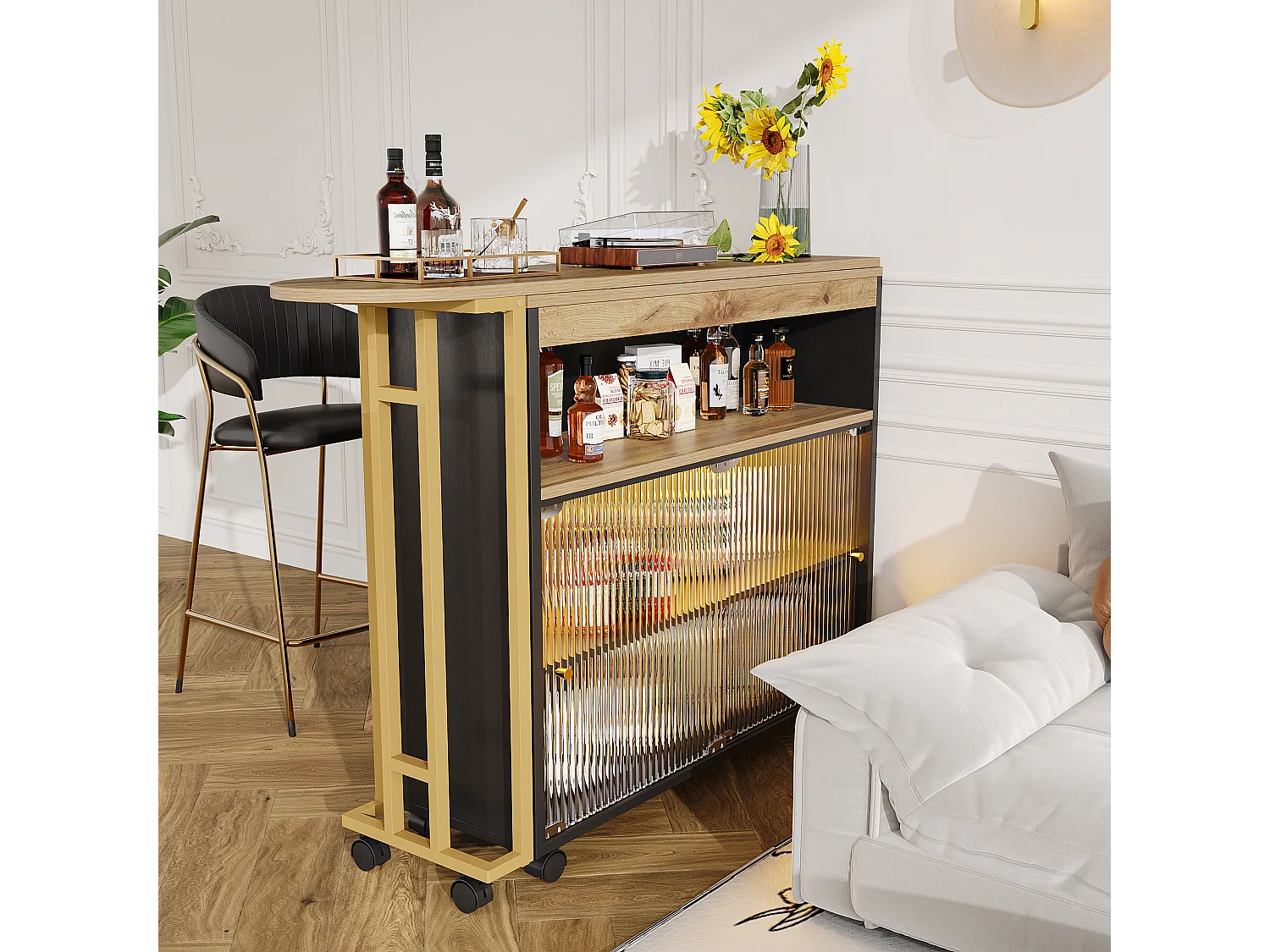 Buffet、Meuble de bar pivotant et escamotable avec LED - compartiments de rangemnt - Noir