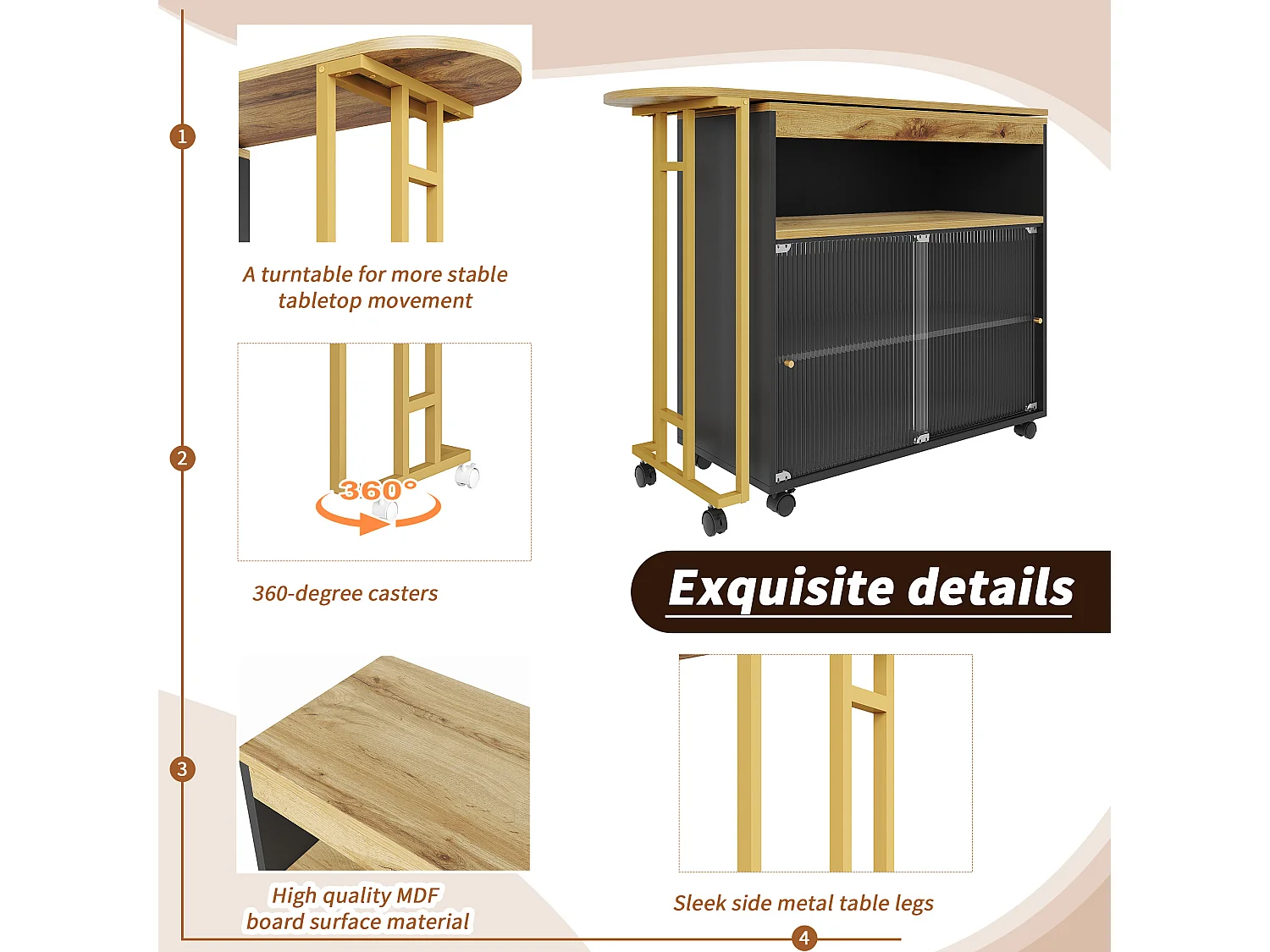 Buffet、Meuble de bar pivotant et escamotable avec LED - compartiments de rangemnt - Noir