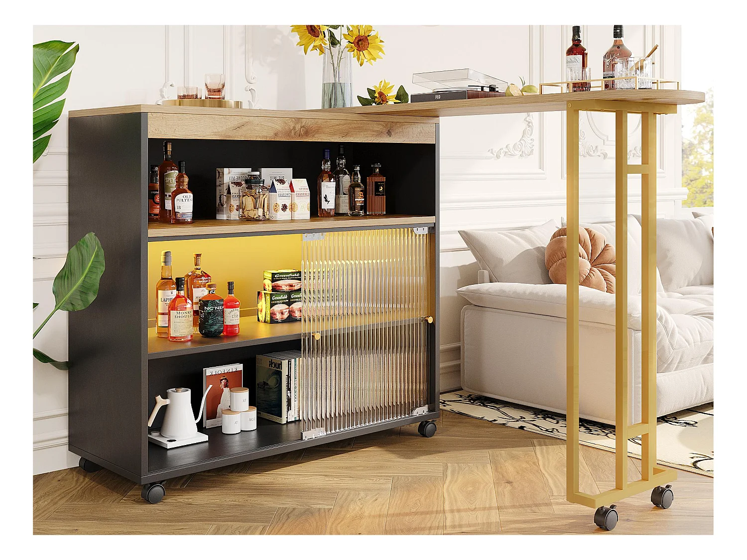 Buffet、Meuble de bar pivotant et escamotable avec LED - compartiments de rangemnt - Noir