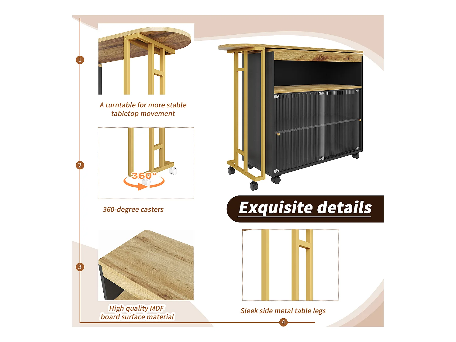 Buffet、Meuble de bar pivotant et escamotable avec LED - compartiments de rangemnt - Noir
