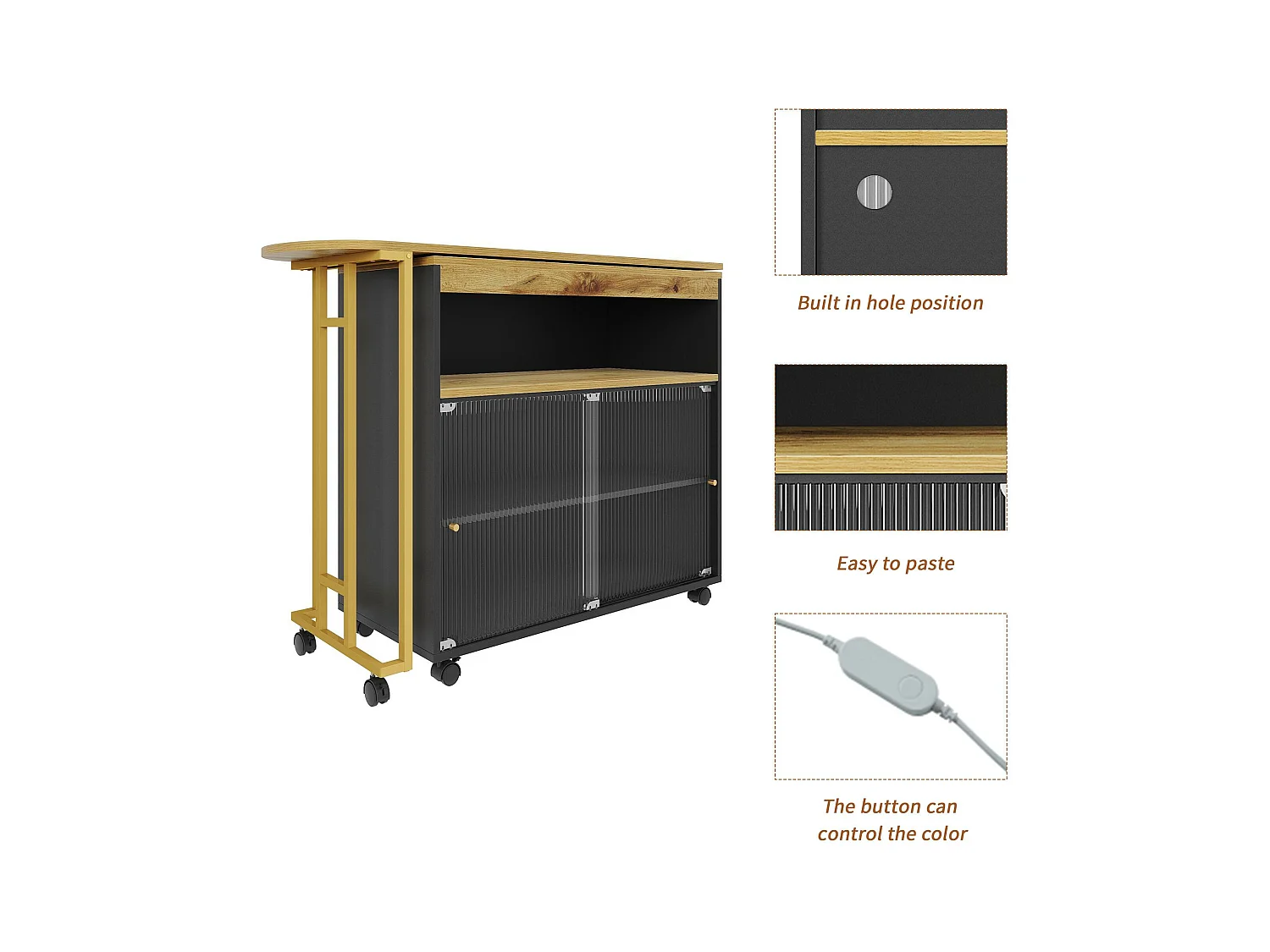 Buffet、Meuble de bar pivotant et escamotable avec LED - compartiments de rangemnt - Noir