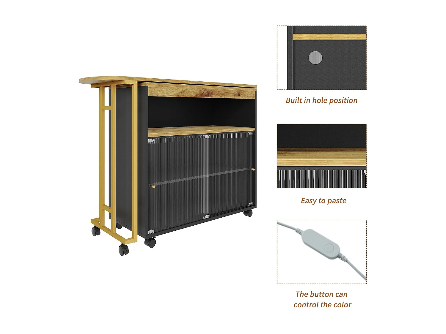 Buffet、Meuble de bar pivotant et escamotable avec LED - compartiments de rangemnt - Noir