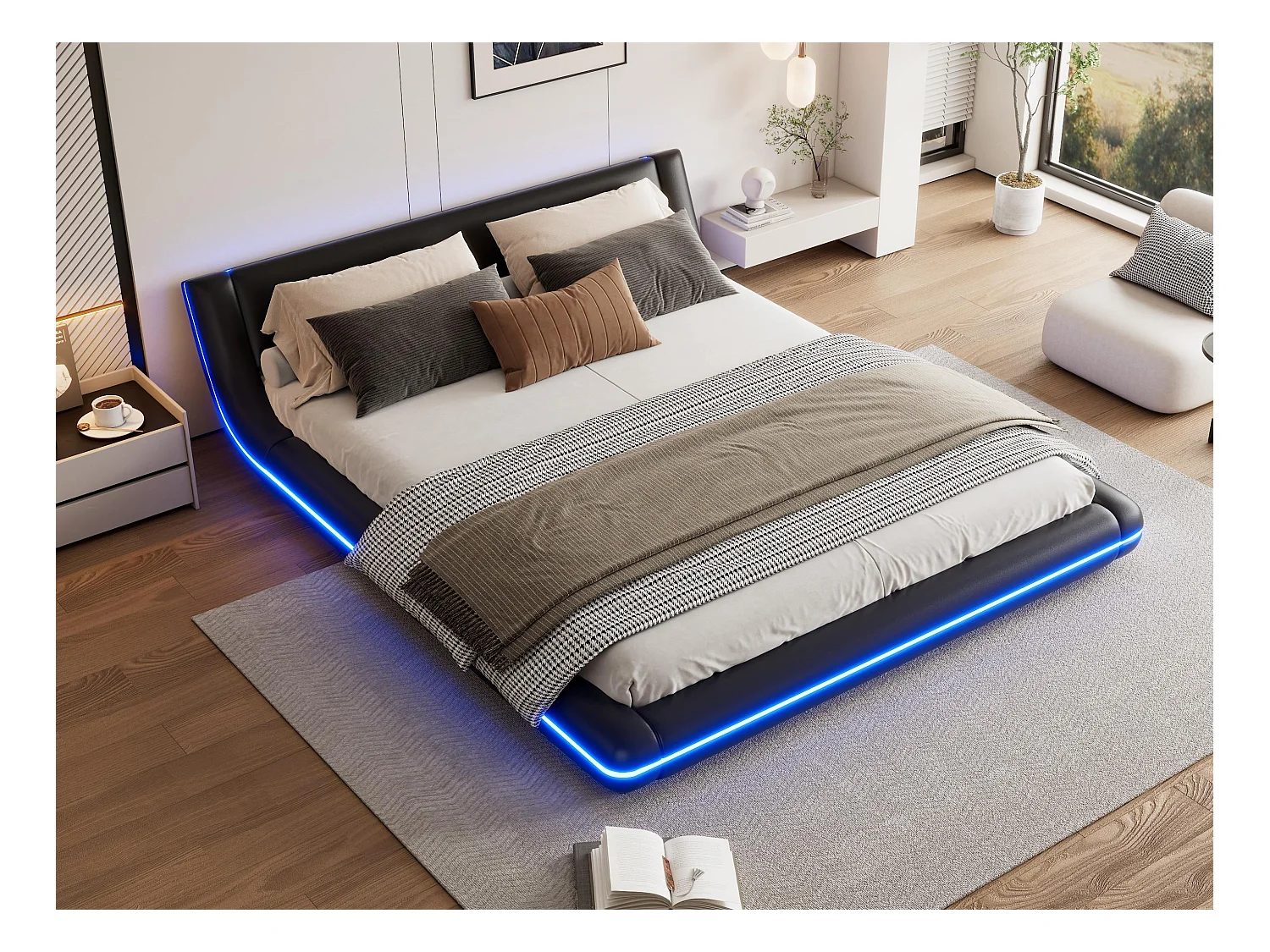 Lit adulte 160x200cm avec LED - en cuir PU - Noir