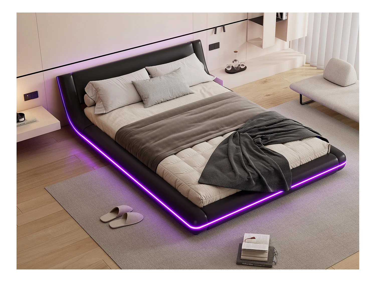 Volwassen bed 140x200cm met LED - PU leer - Zwart