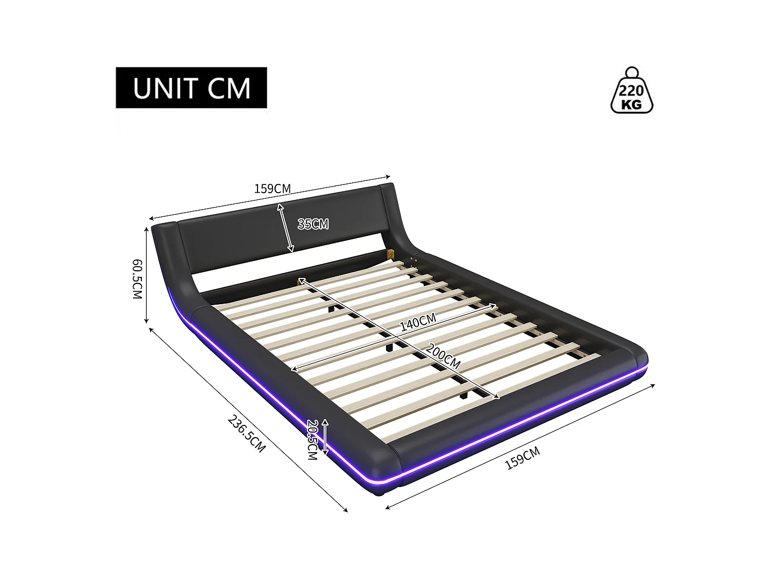 Erwachsenenbett 140x200cm mit LED - PU-Leder - Schwarz