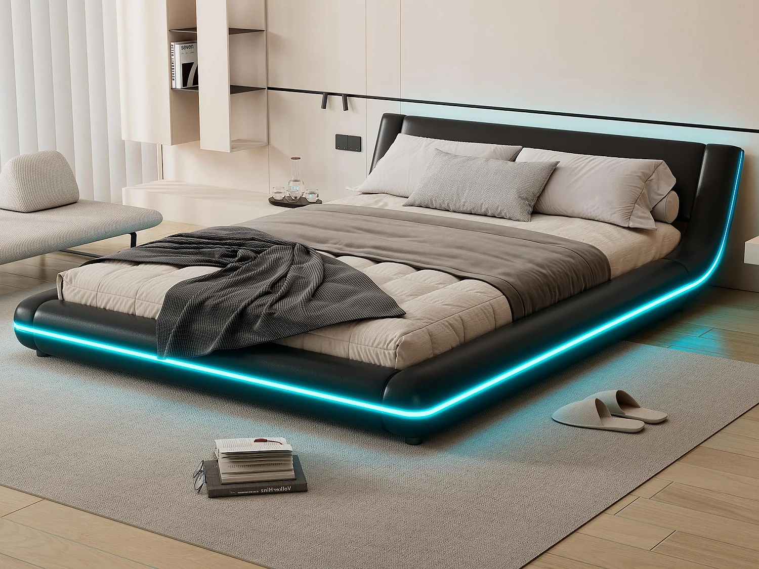 Volwassen bed 140x200cm met LED - PU leer - Zwart
