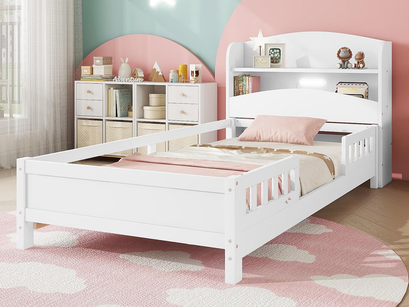 Letto Singolo In Legno Di Pino 90x200cm - Testiera Moderna, Bianco, Con Rete A Doghe - Foto 10