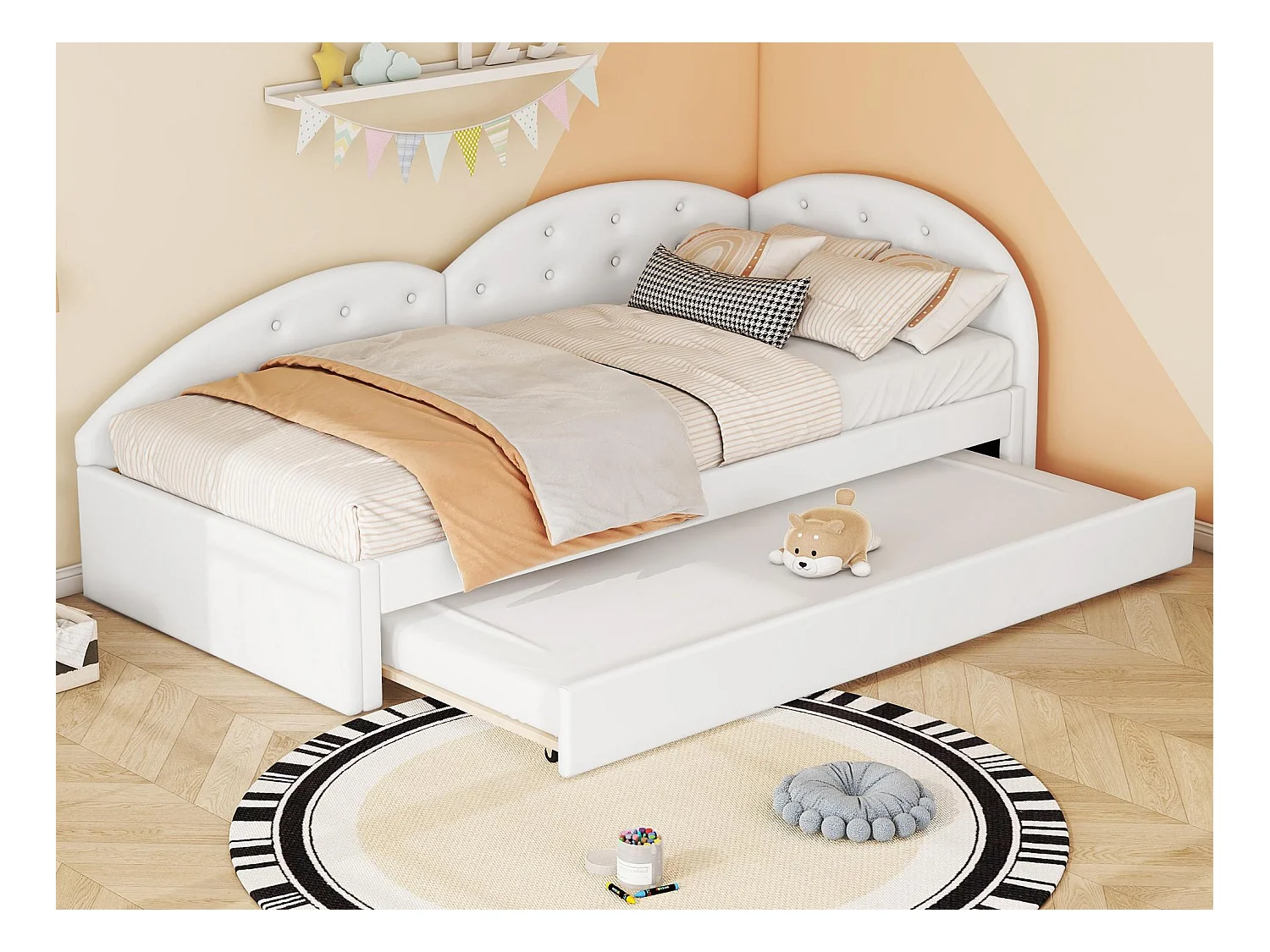 Lit banquette 90x200cm en similicuir + lit gigogne 80x190cm - Blanc