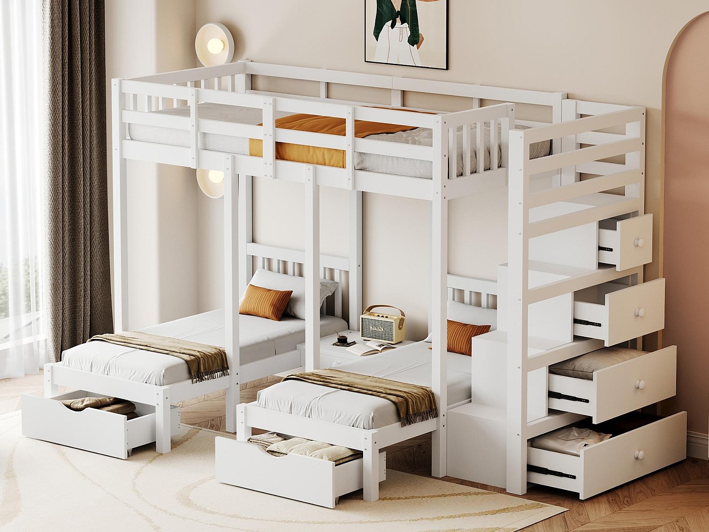 Letto a castello in legno 90x200cm 2x70x140cm con cassetti e