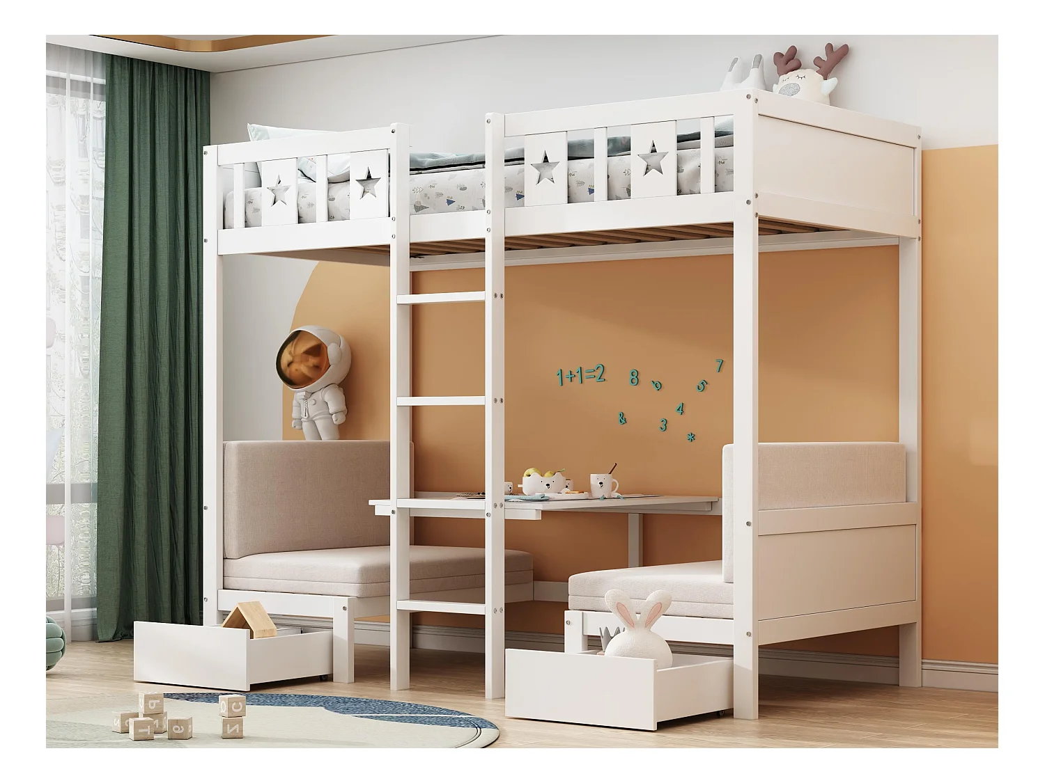 Letto a castello 90x200 cm - scrivania trasformabile in letto sottostante - con 2 cassetti e scaletta - Bianco