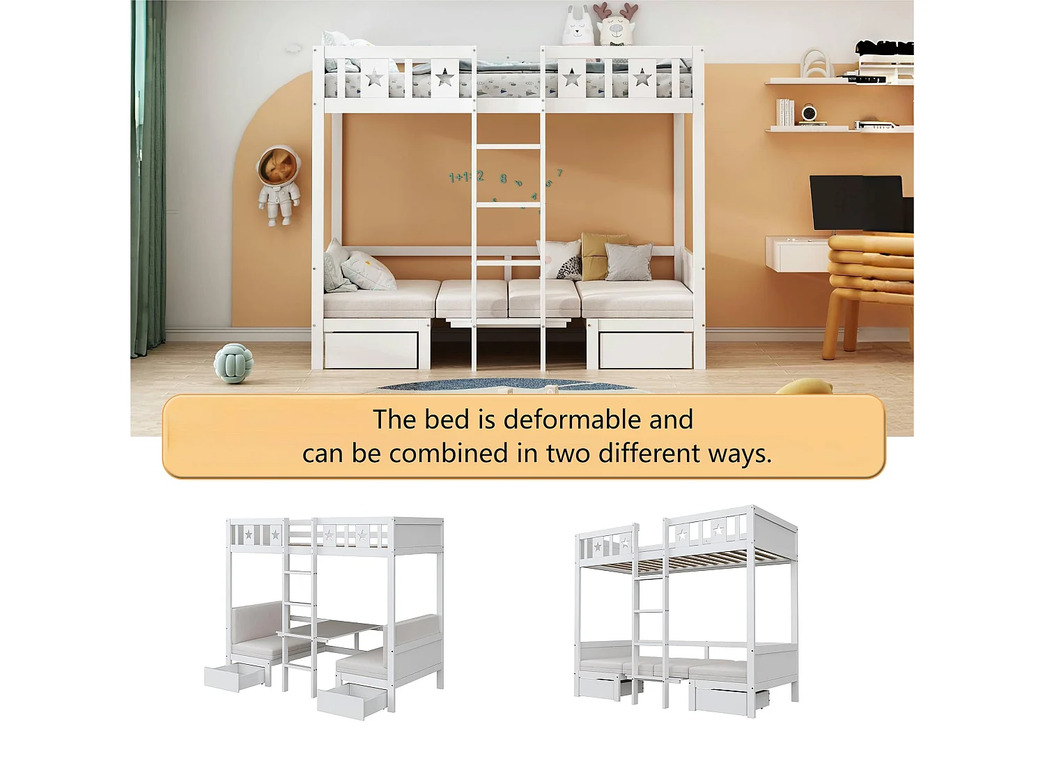 Litera 90x200 cm - escritorio convertible en cama debajo - con 2 cajones y escalera - Blanco