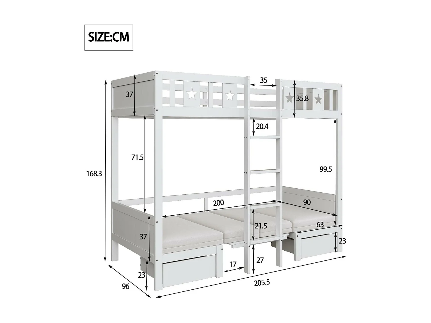 Litera 90x200 cm - escritorio convertible en cama debajo - con 2 cajones y escalera - Blanco